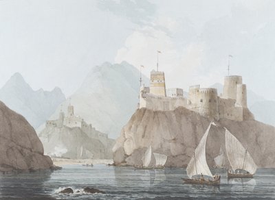 Ostansicht der Forts Jellali und Merani, Muskah, Arabien, Juni 1793 von Thomas und William Daniell